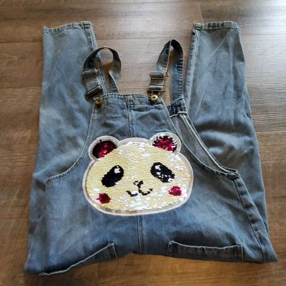 Girls/Kids Size 14 No Brand Overalls/Bibs Has a sequin flip Panda face light was - Picture 3 of 10